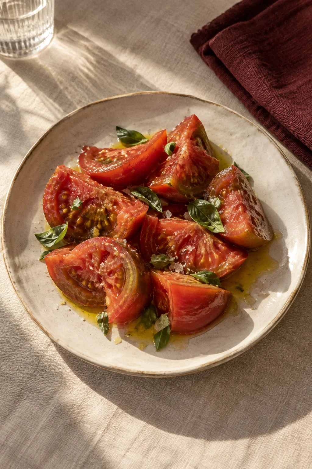 Tomate de temporada con aceite de oliva, sobre una mesa de lino.