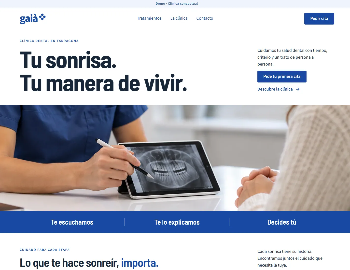 Captura real del concepto Clínica Gaià: tratamientos claros y contacto.